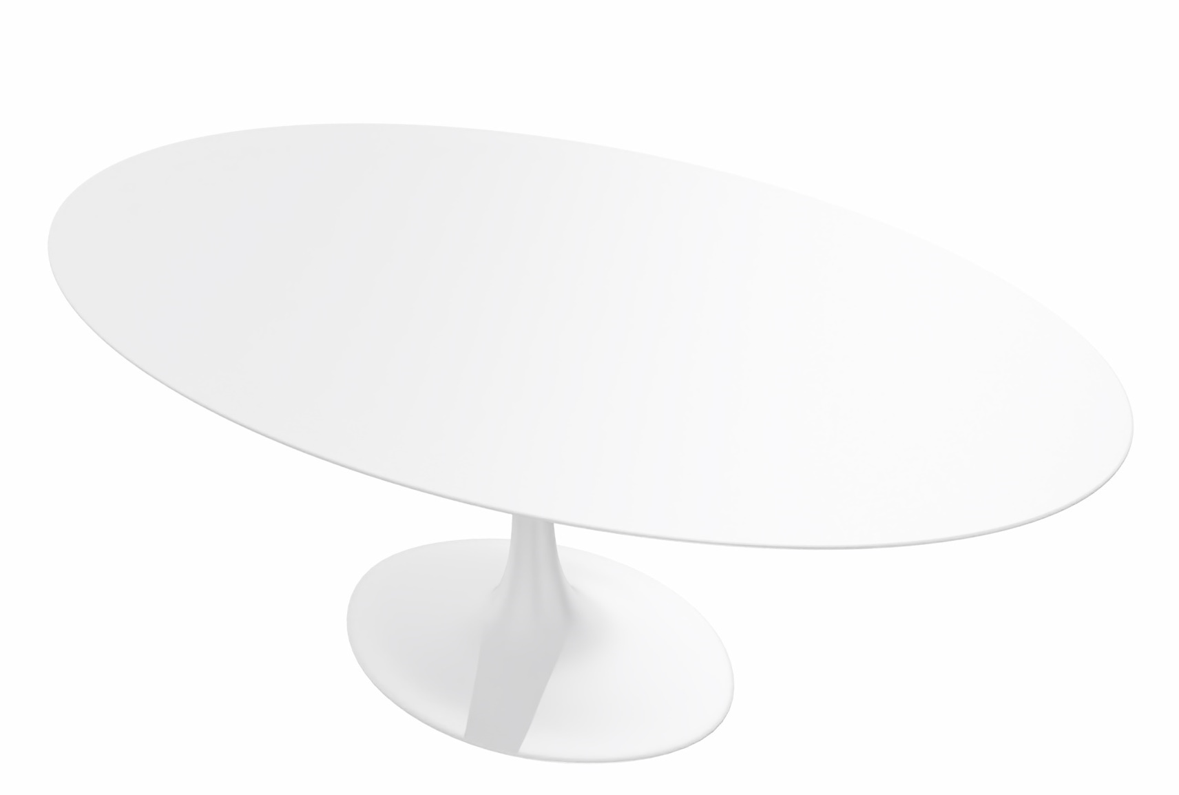 Saarinen Esstisch oval von Knoll International, moderner Küchentisch mit weißer Tischplatte und Trompetenfuß.