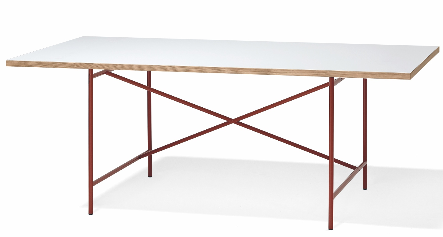 Eiermann Tisch mit weißer Tischplatte und rotem Stahlgestell von Richard Lampert, modernes Design.