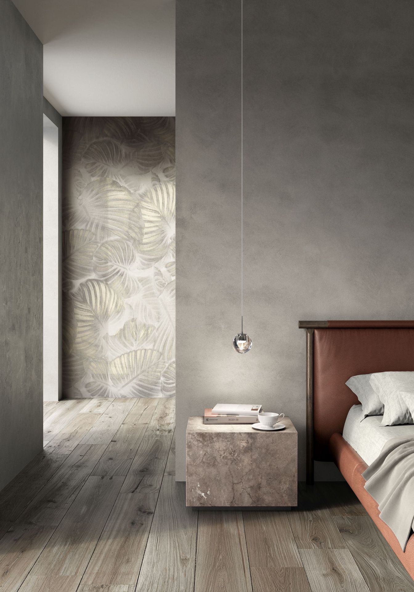 Schlafzimmer Interieur mit moderner Pendelleuchte, Nachttisch aus Stein und Bett mit Lederkopfteil.