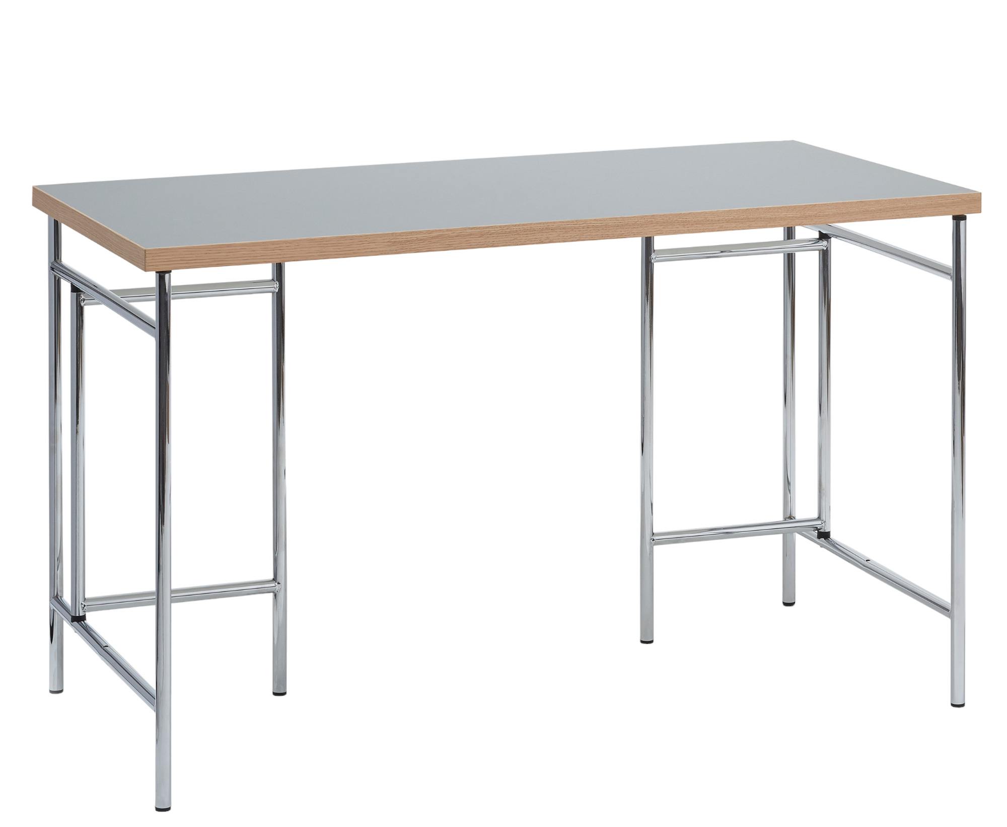 Eiermann Tischgestell aus Edelstahl mit grauer Tischplatte und hellem Holzrahmen, modernes Design für Büro oder Zuhause.