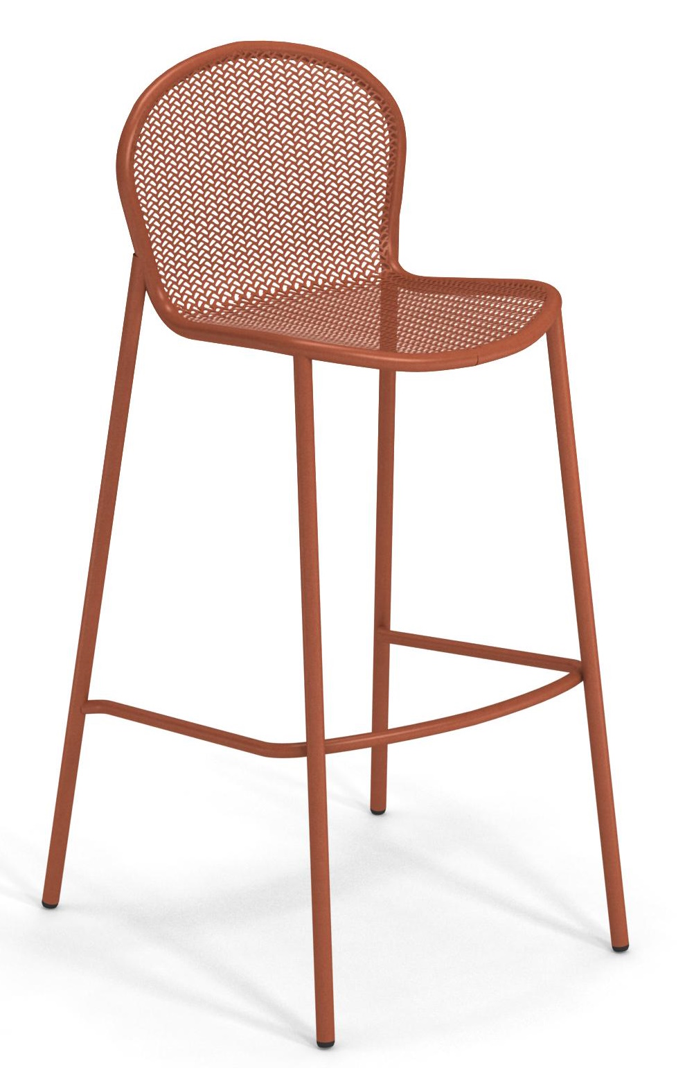 Ronda X Barhocker von Emu, orangefarbener Metall-Barstuhl mit Rückenlehne und Fußstütze für den Außenbereich.