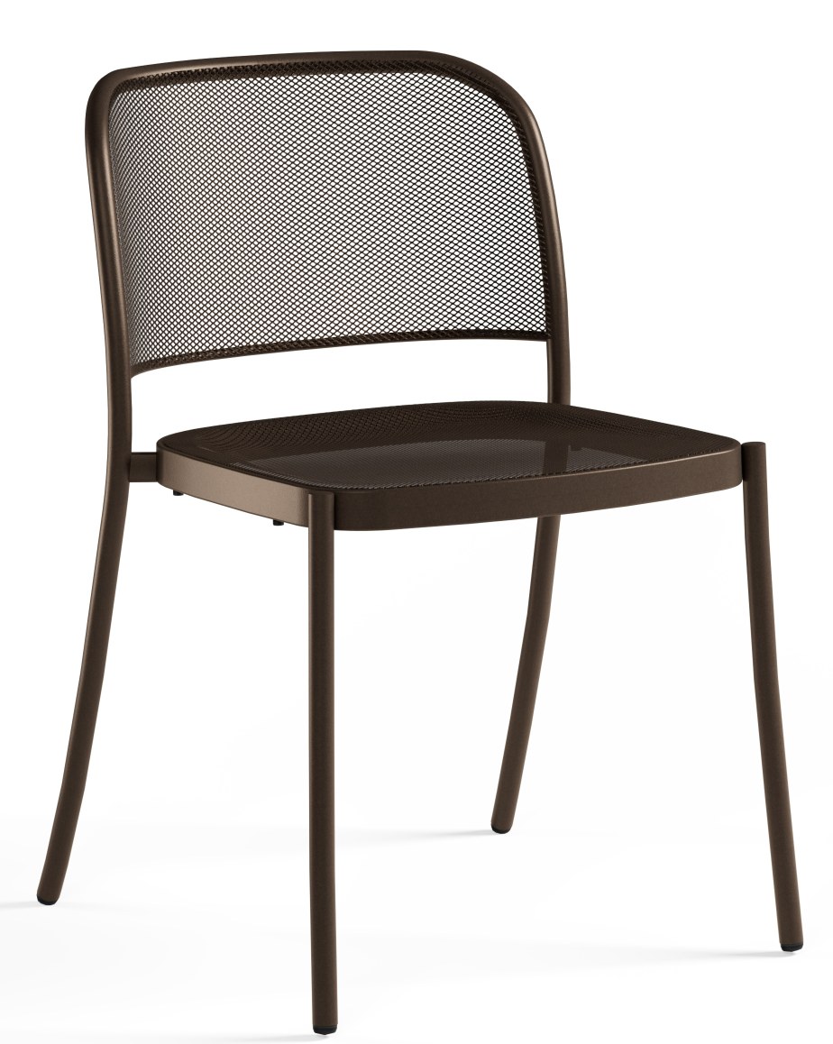 Café Chair Stuhl von Emu für den Außenbereich, brauner Metallstuhl mit Netzstruktur.