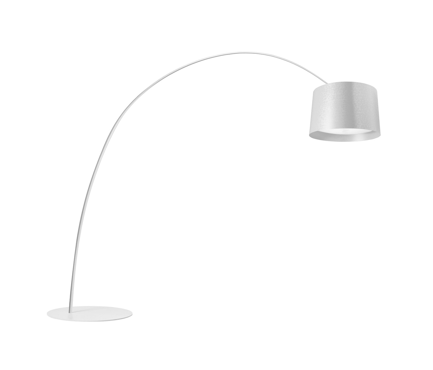 Weiße Twice as Twiggy Stehleuchte von Foscarini: Moderne Bogenleuchte mit zylindrischem Lampenschirm für Wohnzimmer und Büro.