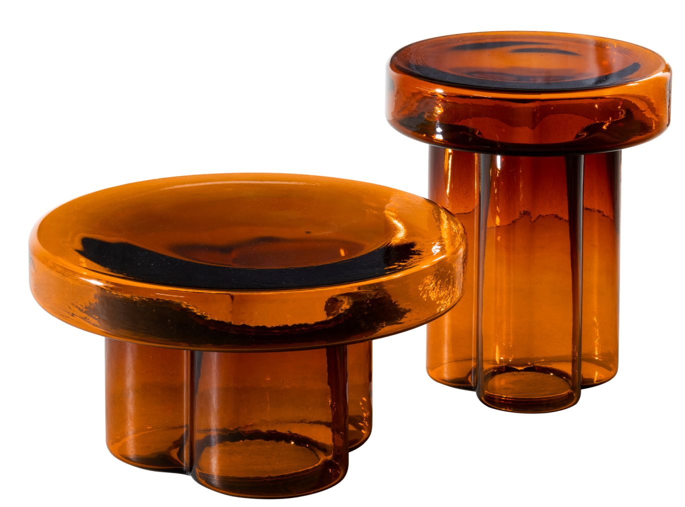 Zwei braune Soda Beistelltische von Miniforms aus Glas, moderne Wohnzimmermöbel.