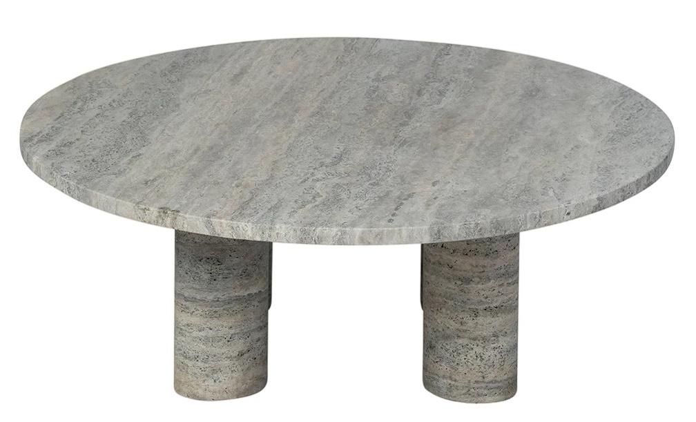 Volos Couchtisch von Blomus, runder Wohnzimmertisch aus Travertin mit zwei zylindrischen Beinen, modernes Design.
