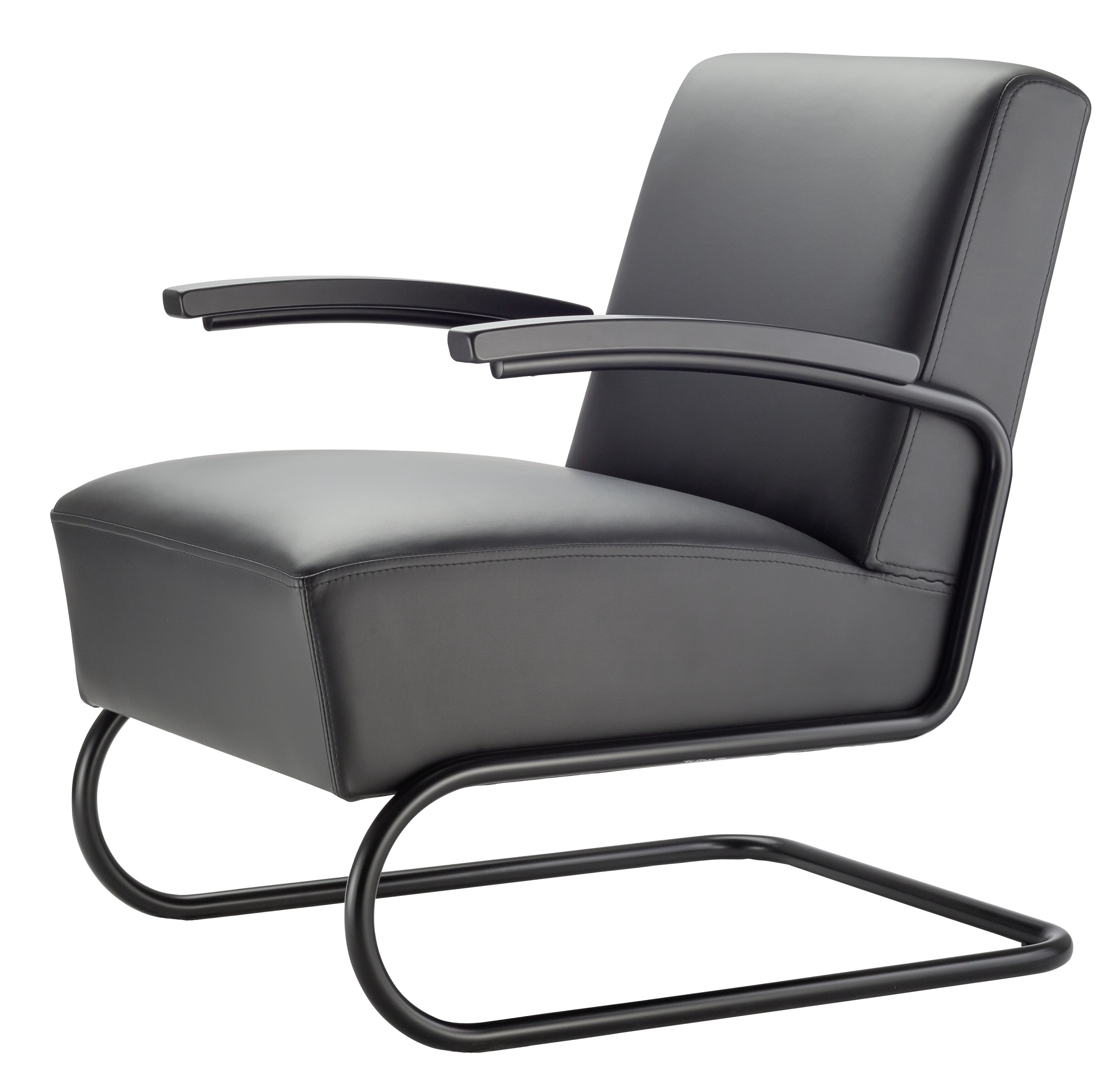 Schwarzer S 411 Thonet Freischwinger Sessel mit Lederbezug und Stahlrohrgestell, seitliche Ansicht.