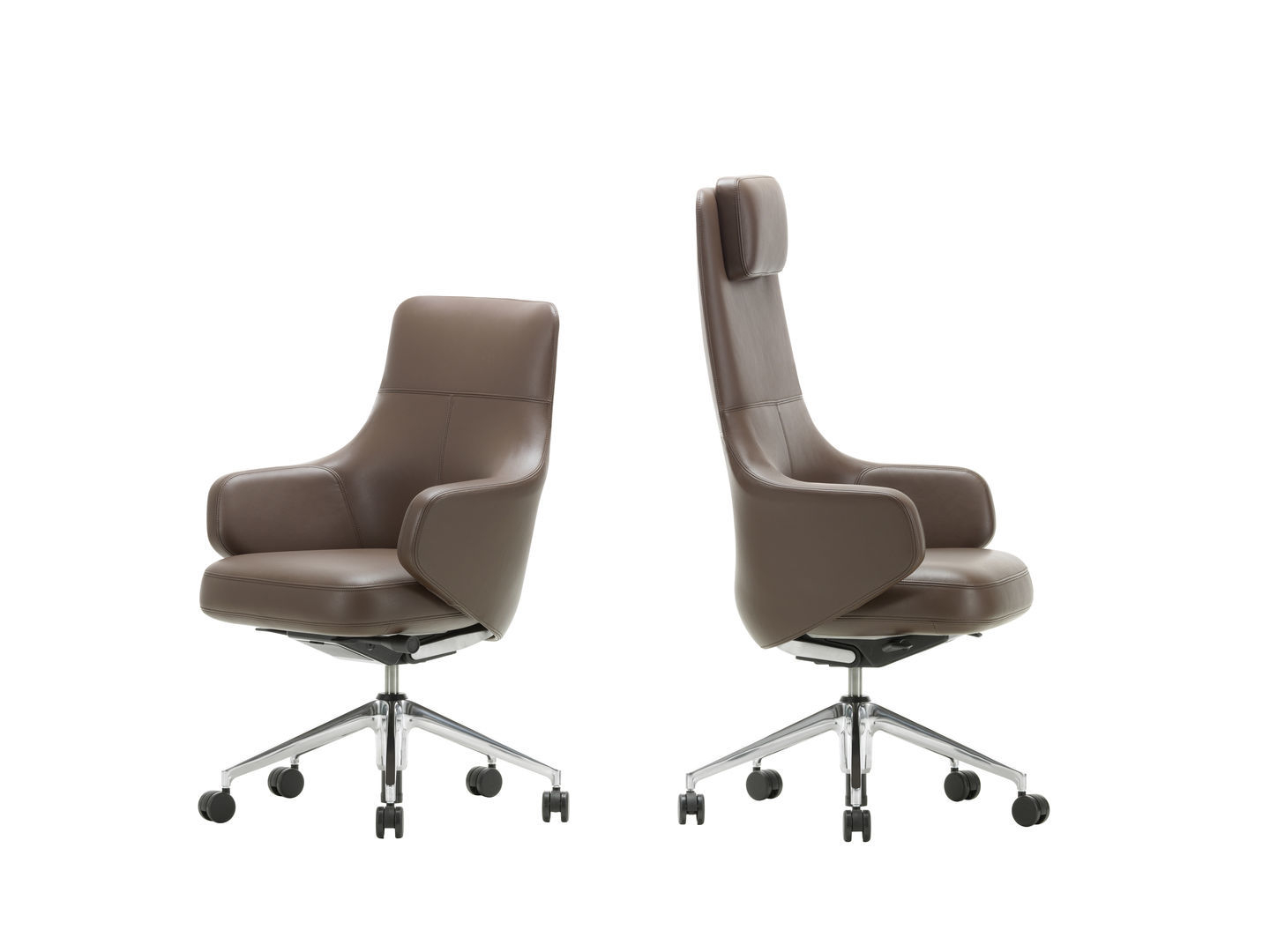 Vitra Grand Executive Highback Konferenzstuhl in braunem Leder, Ansicht von vorne und seitlich.