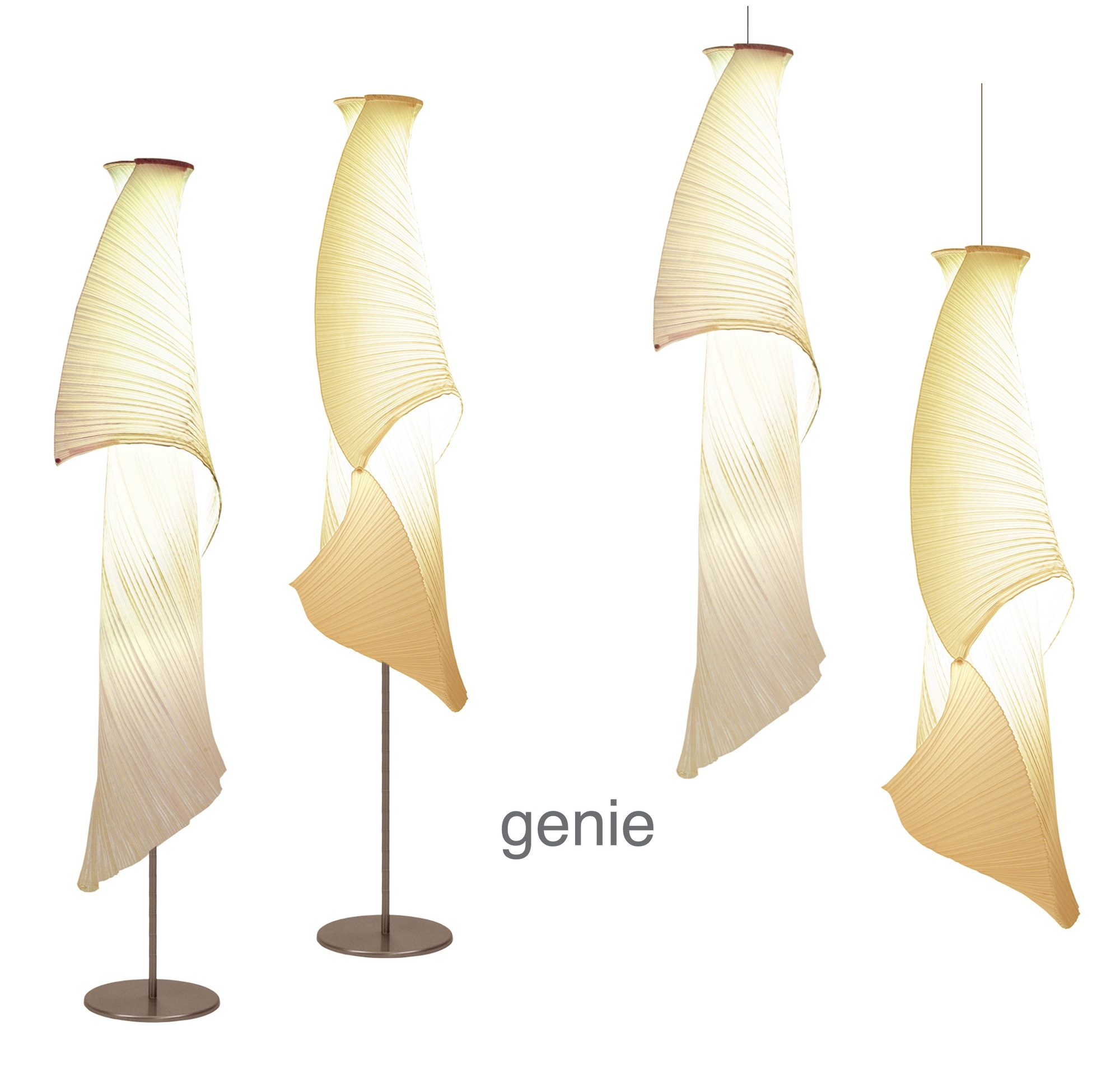 Genie Pendelleuchte: Elegante Hängelampe und Stehlampe mit plissiertem Lampenschirm in Beige. Designerleuchte für Wohnzimmer.