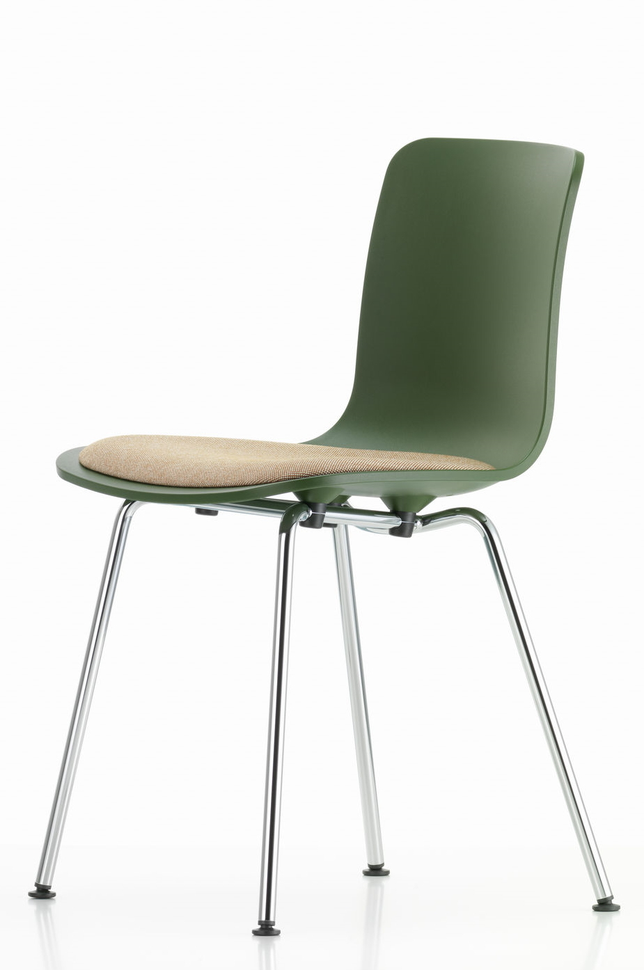 Grüner Vitra Hal Stuhl mit Sitzpolster und verchromtem Vierfußgestell auf weißem Hintergrund.