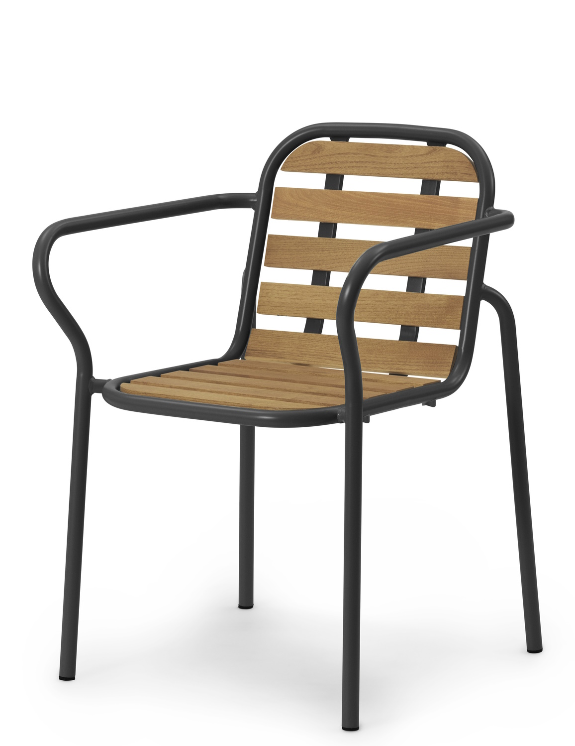 Vig Armchair: Moderner Armlehnstuhl für den Außenbereich mit Holzlatten und dunklem Metallgestell.
