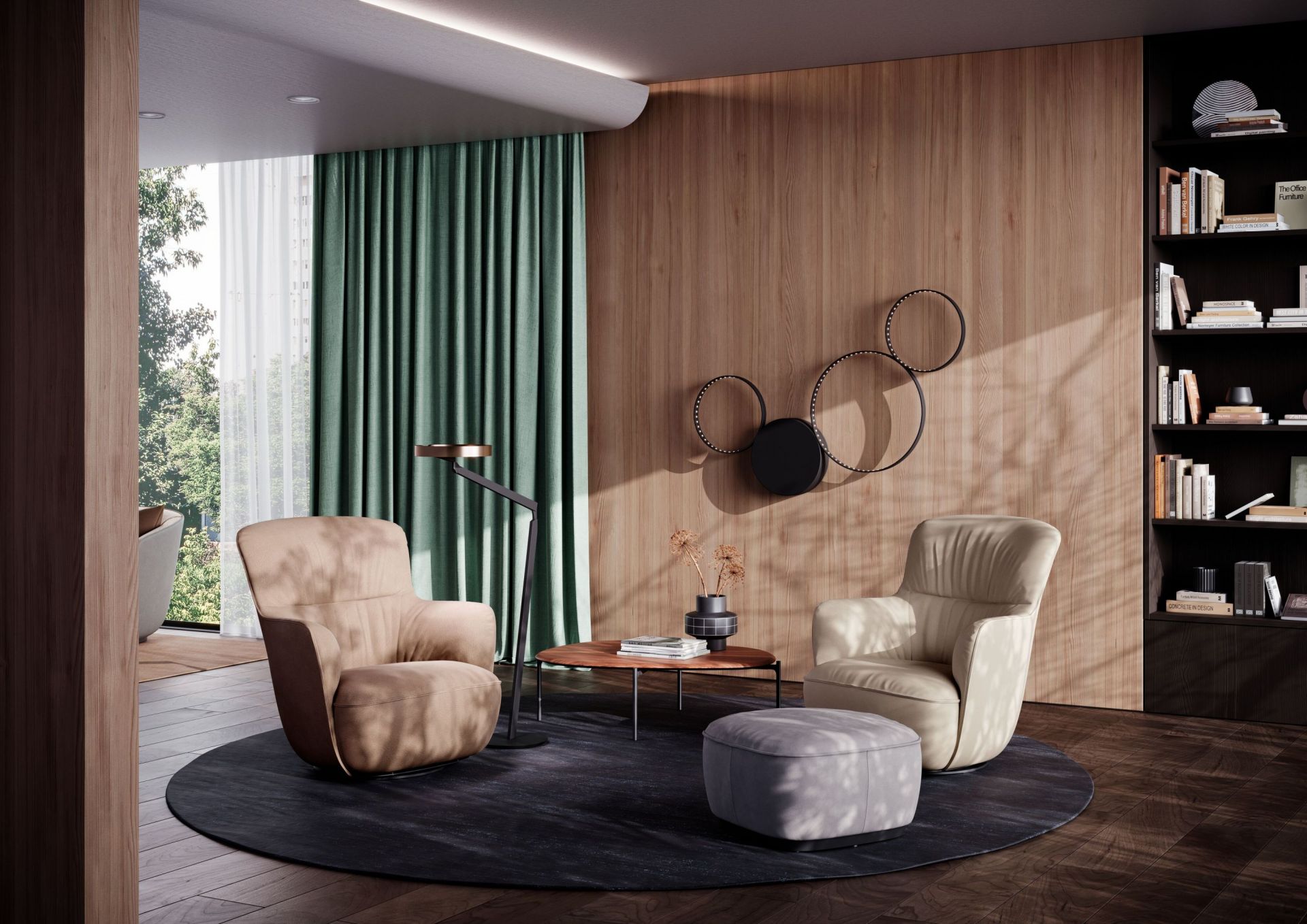 Wohnzimmer mit zwei bequemen Sesseln, Hocker, Teppich und Beistelltisch, modernes Möbeldesign.