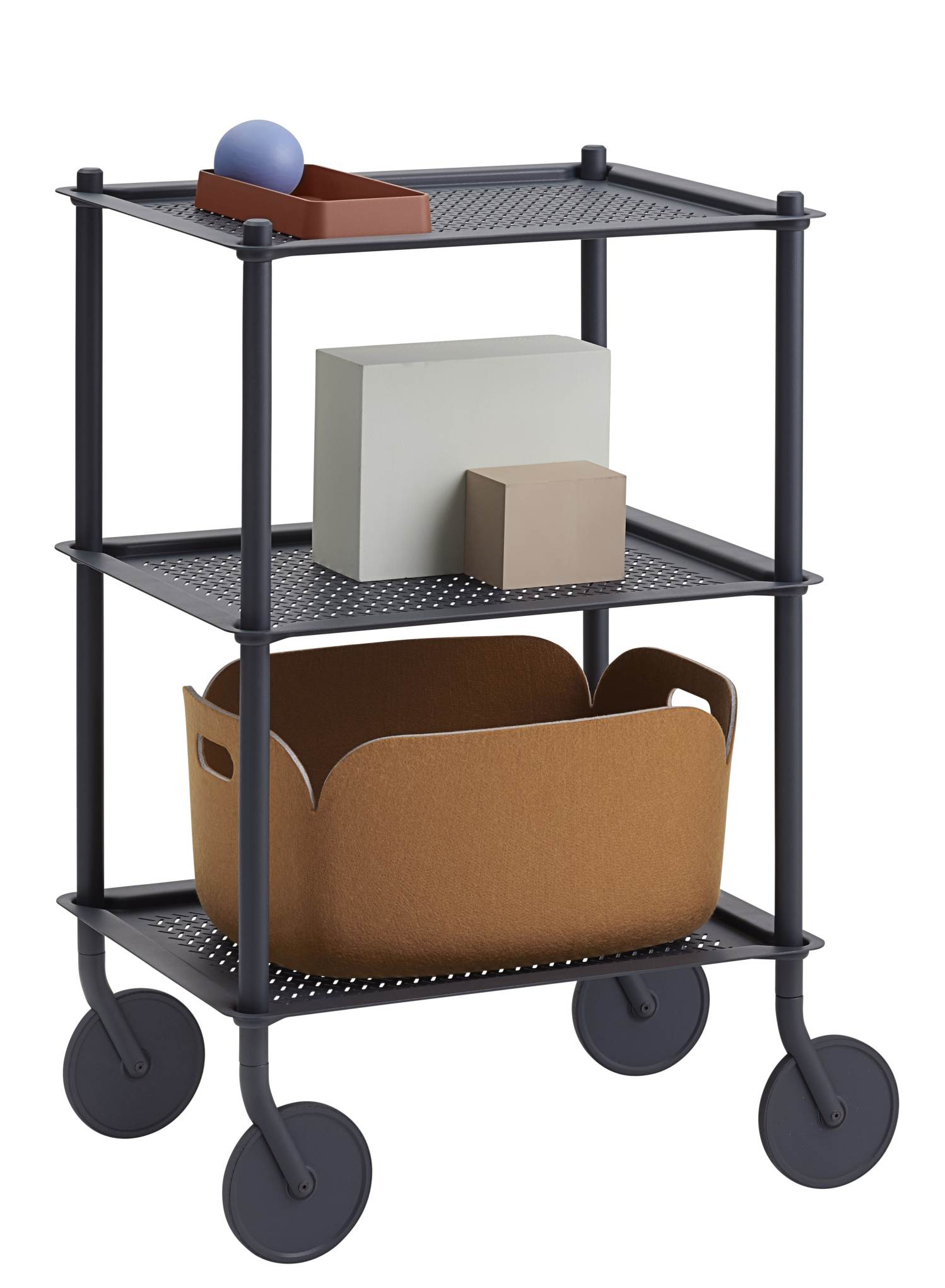 Muuto Flow Trolley Servierwagen mit drei Ablageflächen und Rollen, ideal als Küchenwagen oder Barwagen.