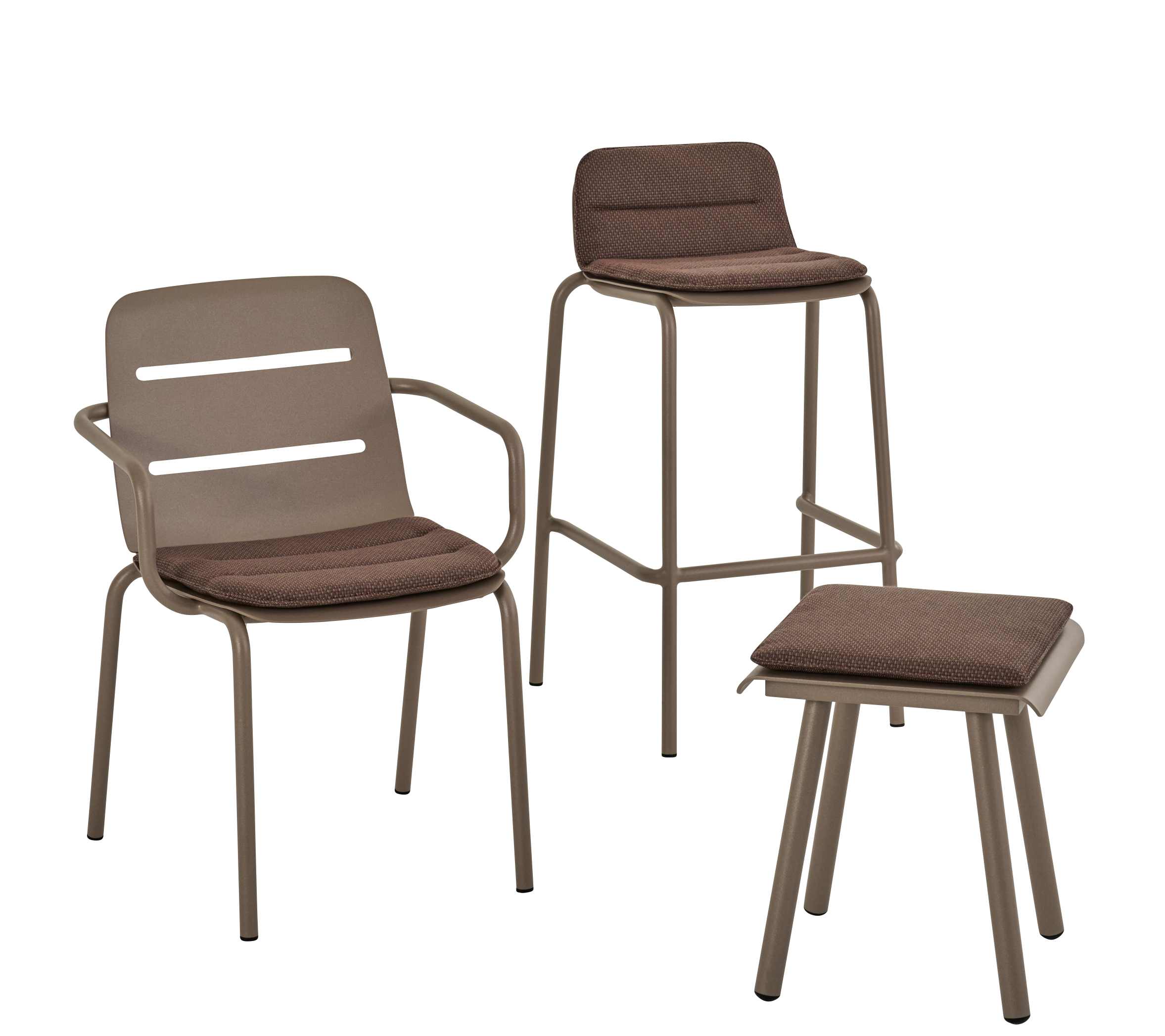 Weishäupl Vapio Barhocker, Stuhl und Hocker für den Außenbereich, modernes Design mit braunen Sitzkissen.