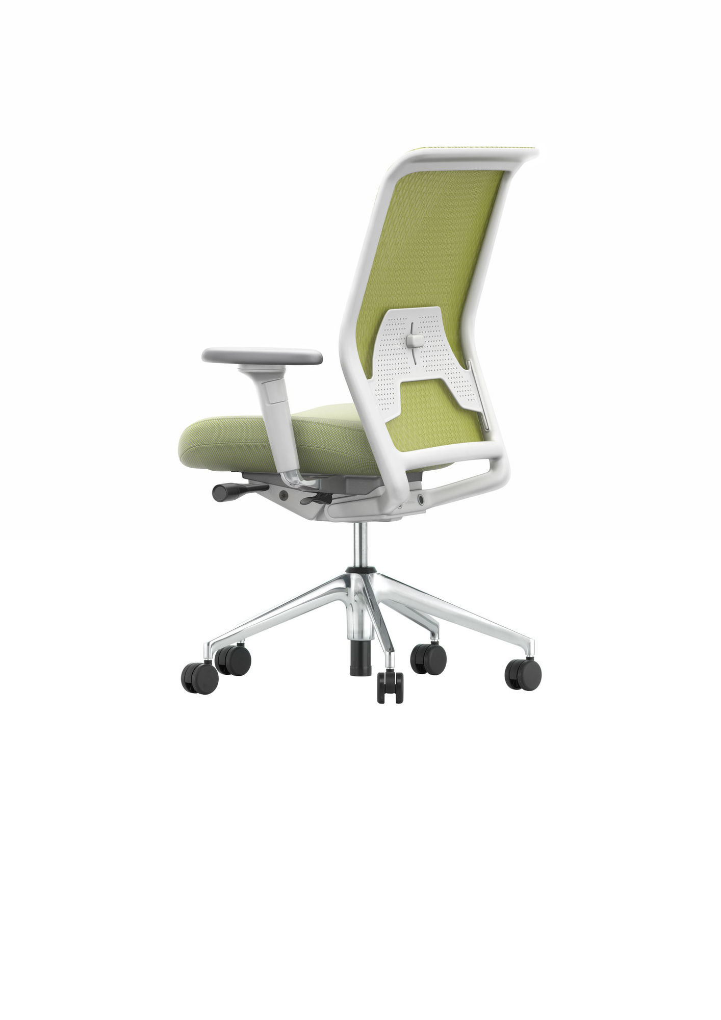 Rückansicht des Vitra ID Chair Bürodrehstuhls mit Mesh-Rückenlehne und verstellbarer Lumbalstütze in Grün.