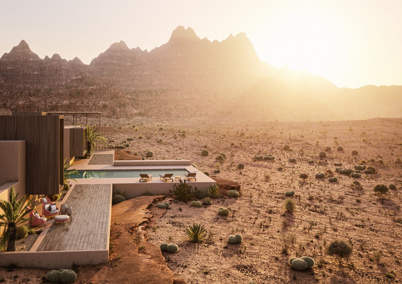 Luxuriöses Wüstenresort mit Pool und Liegen vor Bergkulisse im warmen Abendlicht. Exklusive Ferienunterkunft.