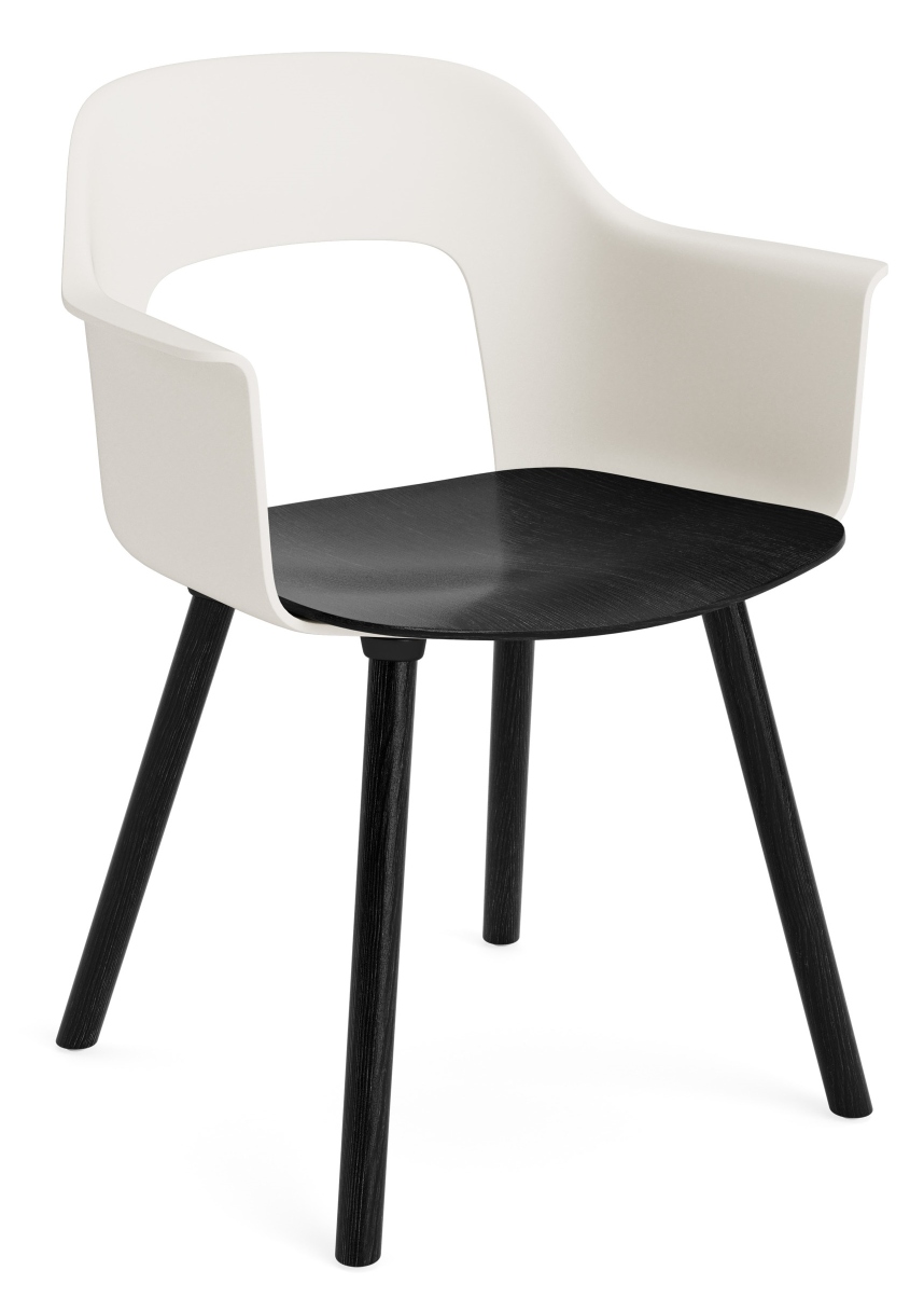 Hay Layout Armchair 222 Armlehnstuhl mit weißer Kunststoffschale und schwarzer Holz Sitzfläche, modernes Möbeldesign.