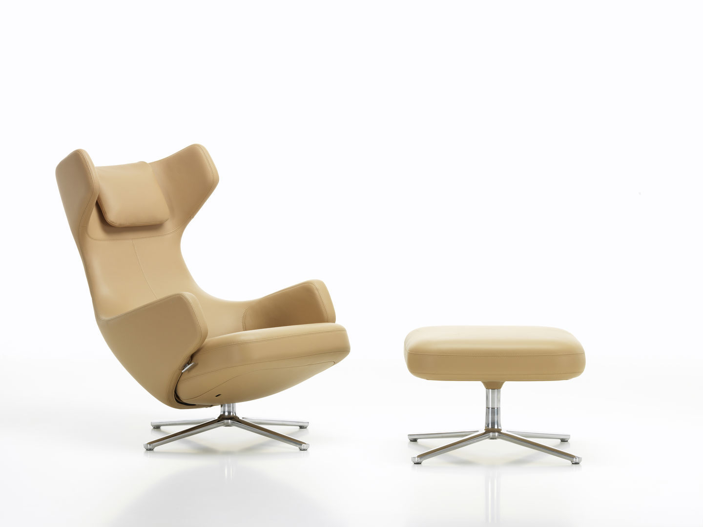Grand Repos Sessel mit Ottoman von Vitra, Leder Cosy Classic grey, poliertes Aluminium.