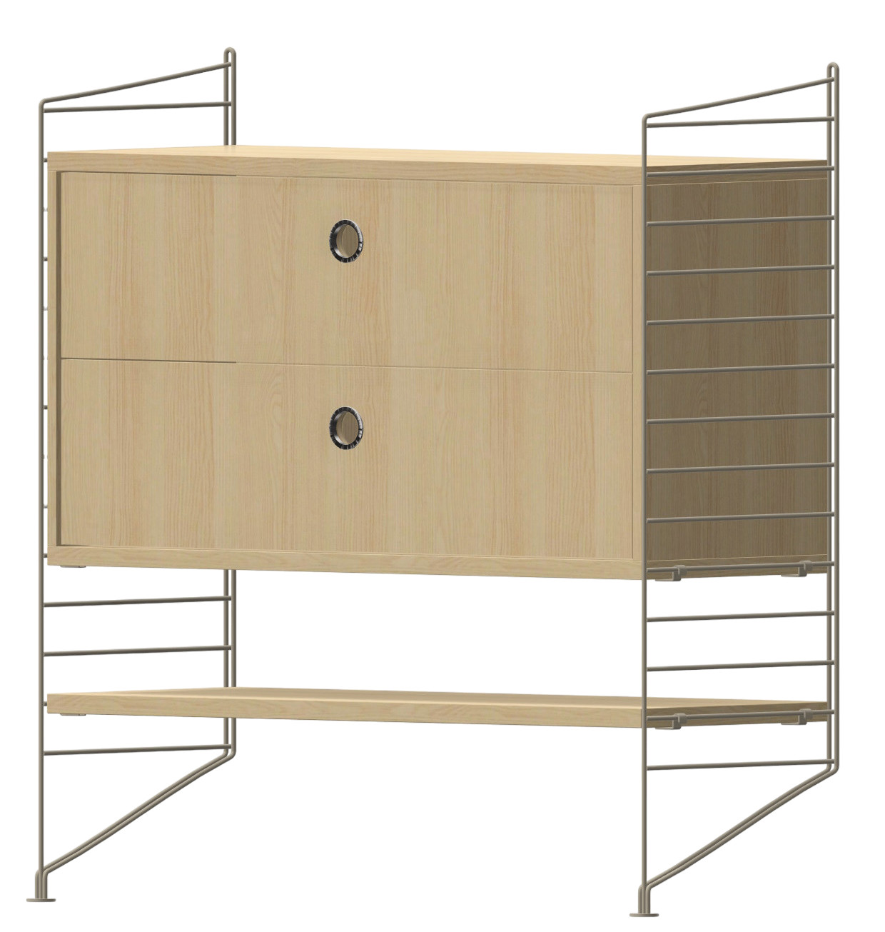 Wohnzimmer KONFIGURATIONEN L8 String Furniture mit hellem Holzschrank und Regalboden an grauem Metallgestell.