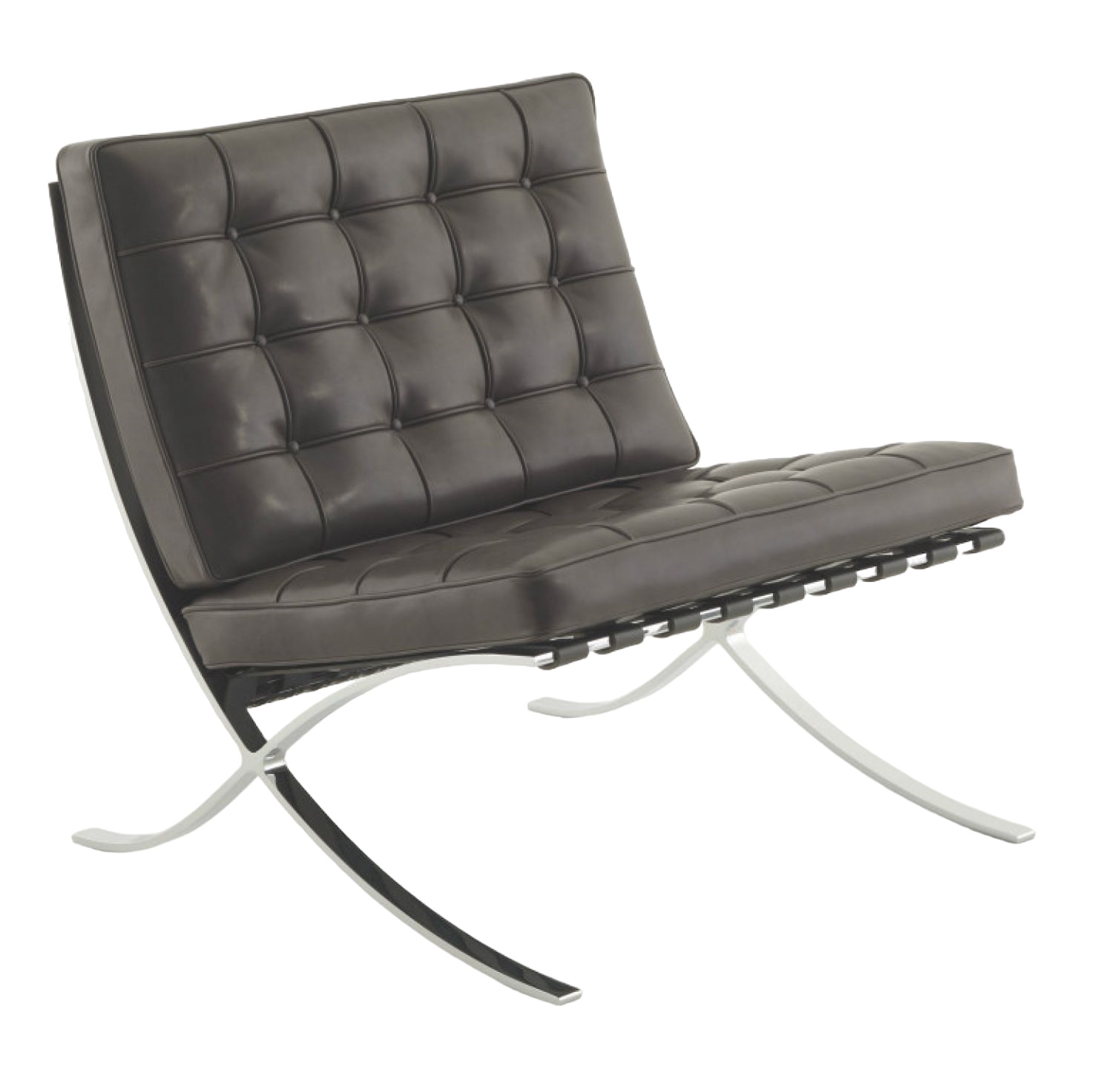 Barcelona Sessel: Brauner Ledersessel mit Knopfheftung und verchromtem Stahlgestell von Knoll International.