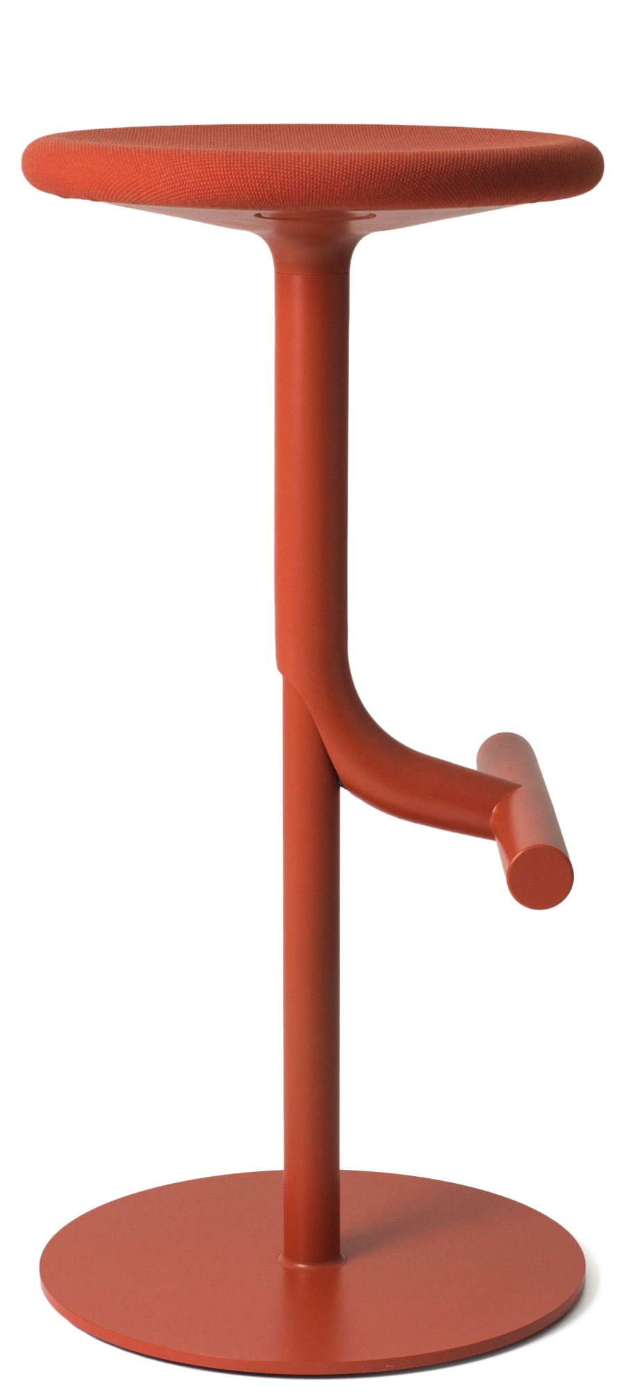 Tibu Stool Hocker von Magis, moderner Barhocker in Orange mit Fußstütze und rundem Fuß.