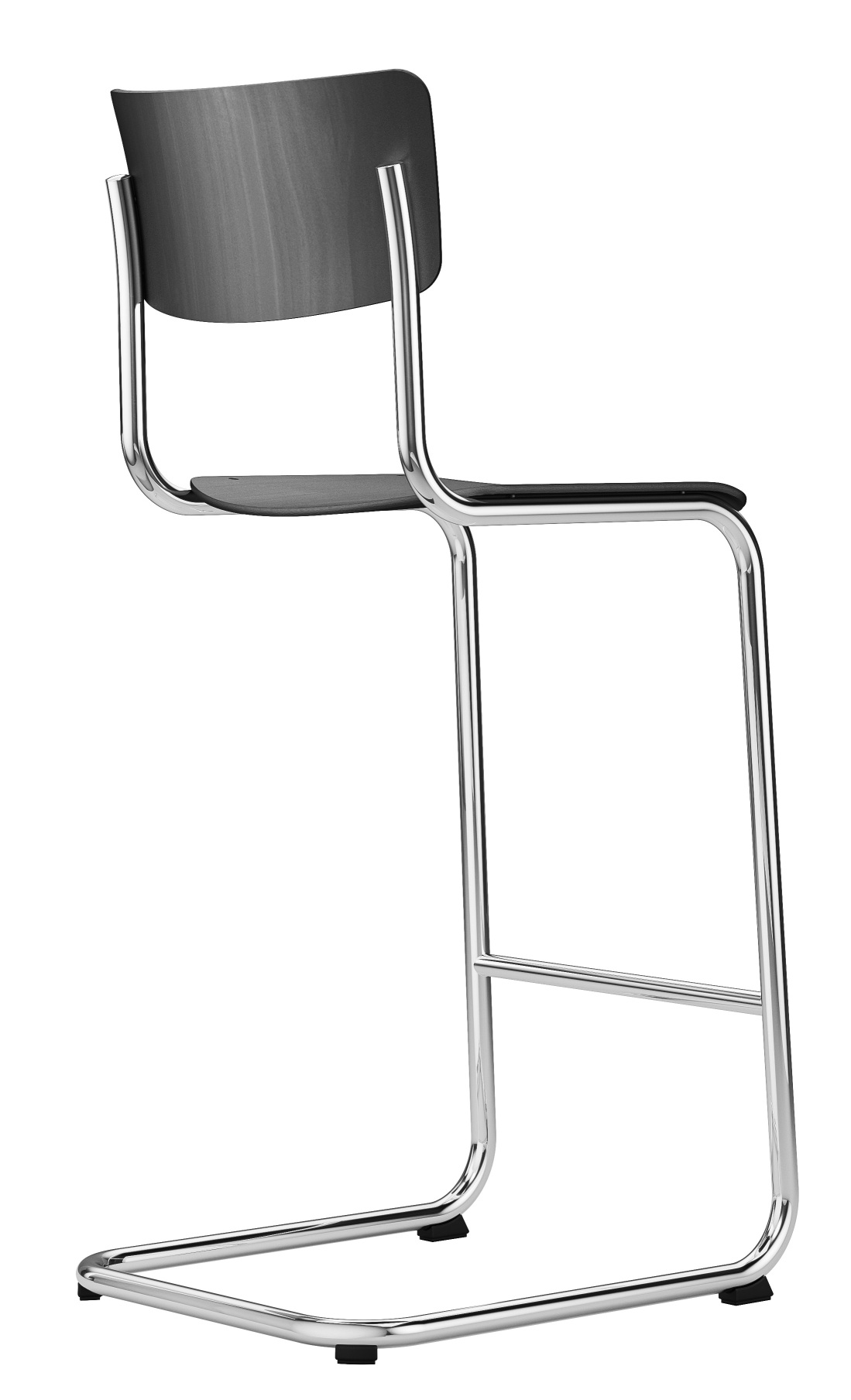 S 43 H Barhocker von Thonet: Stahlrohr Klassiker mit Rückenlehne und Sitzfläche in dunklem Holz.