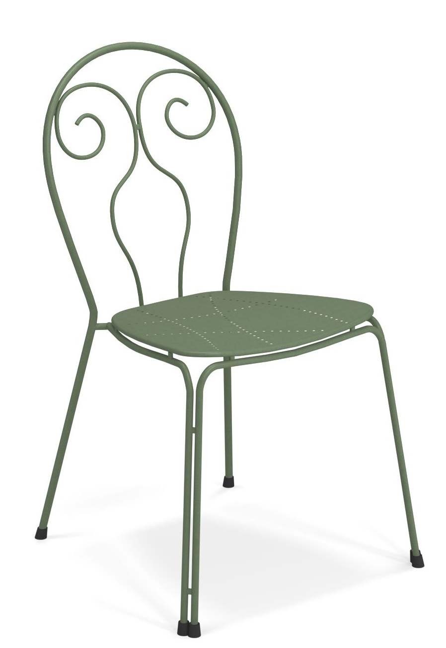 Caprera Stuhl von Emu, grüner Metallstuhl für den Außenbereich mit geschwungenem Rückendesign.