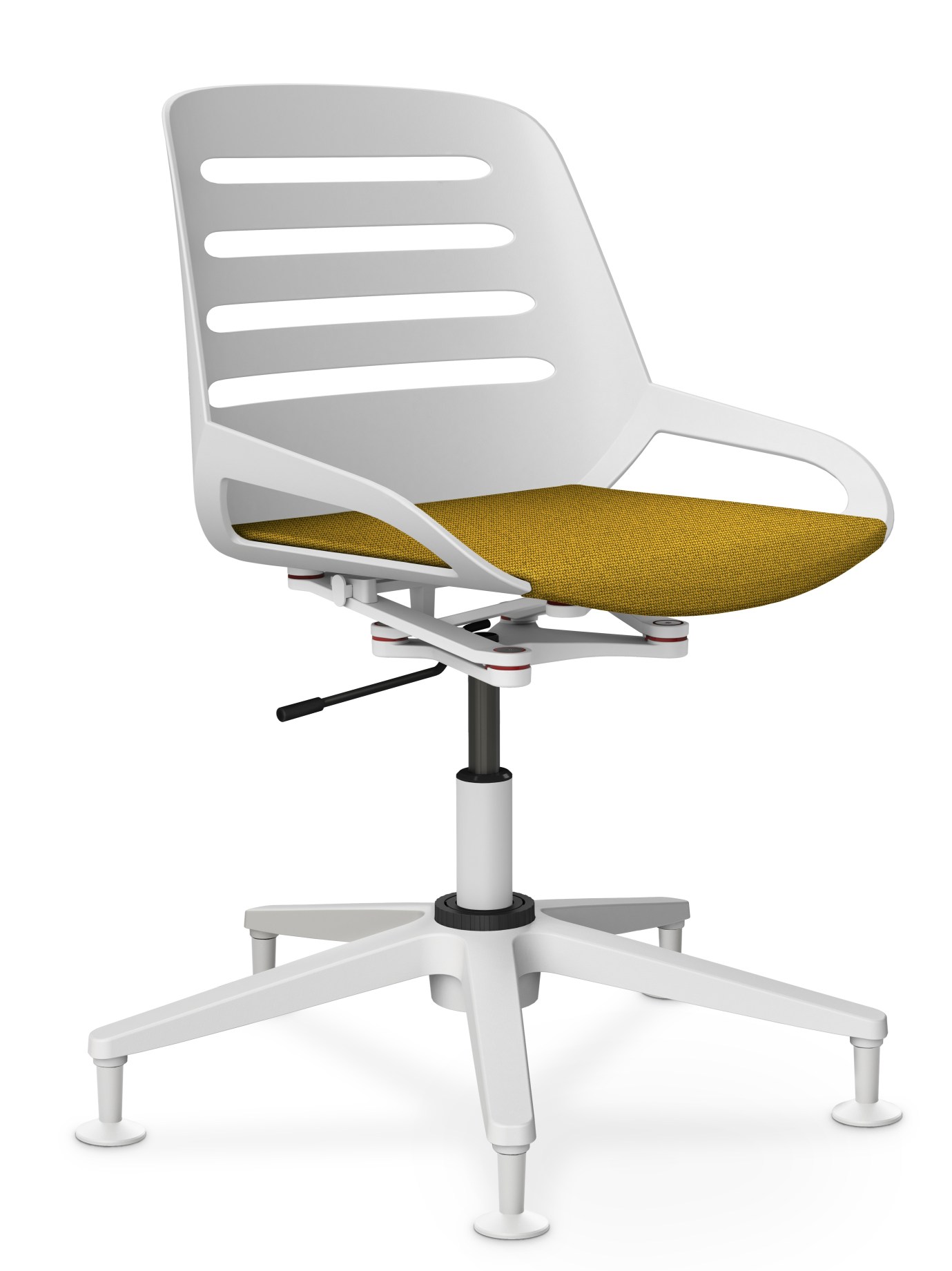 Numo Task Drehstuhl von Aeris mit weißem Gestell und gelbem Sitzpolster für ergonomisches Sitzen.