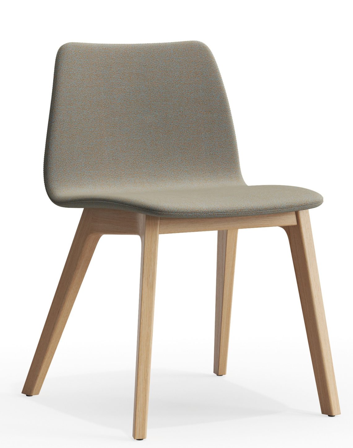 Morph Plus Stuhl, vollgepolstert in Grau, mit hellem Holzgestell, modernes Design für Esszimmer und Büro.