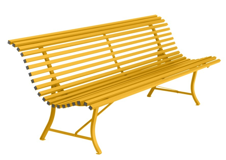 Gelbe Louisiane Gartenbank von Fermob für den Außenbereich, modernes Design mit Lattenrost und geschwungenen Beinen.