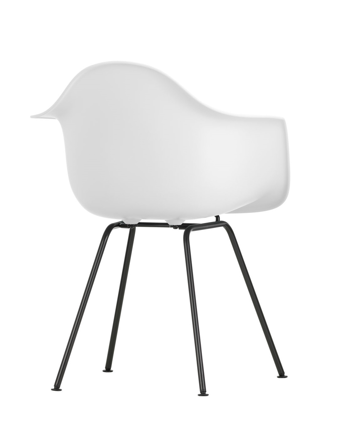 Weißer Eames Plastic Arm Chair DAX Stuhl von Vitra mit schwarzem Metallgestell, Rückansicht.