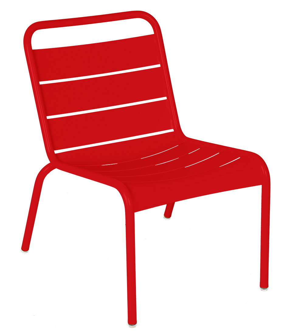 Roter Luxembourg Stuhl von Fermob für den Außenbereich, moderner Gartenstuhl aus Metall mit Lattenmuster.