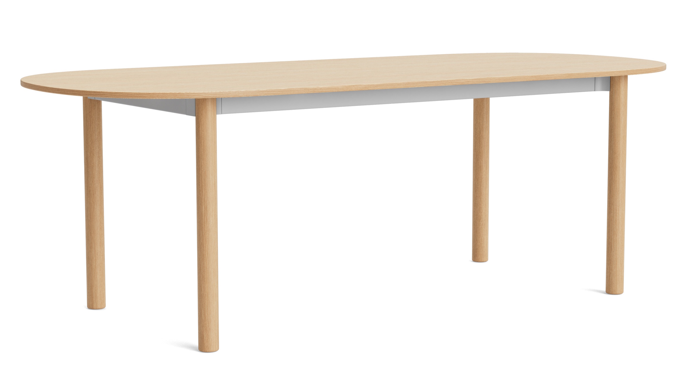 Annex Table von Hay: Ovaler Esstisch aus hellem Holz mit vier zylindrischen Beinen.