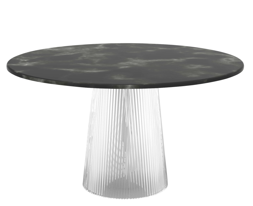Pulpo Bent Dining Table Medium: Runder Esstisch mit grauer Tischplatte und transparentem, geripptem Fuß.