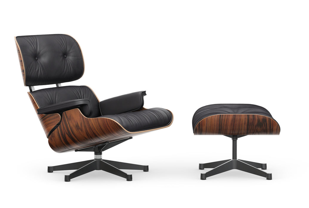 Eames Lounge Chair mit Ottoman in Palisander und schwarzem Leder, Designklassiker Sessel.