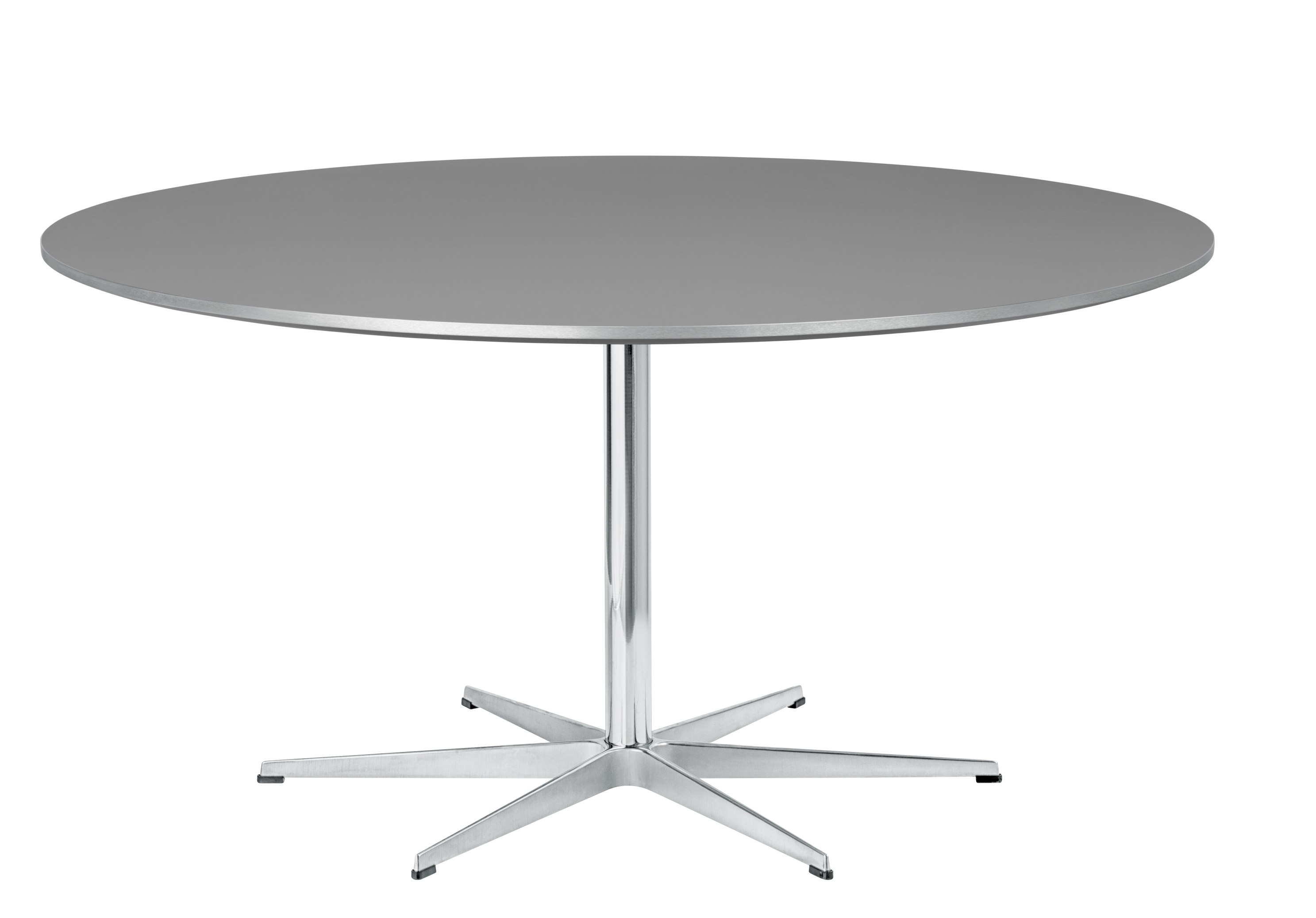 Grauer, runder Fritz Hansen Zirkular Tisch mit verchromtem Fuß und sternförmiger Basis.