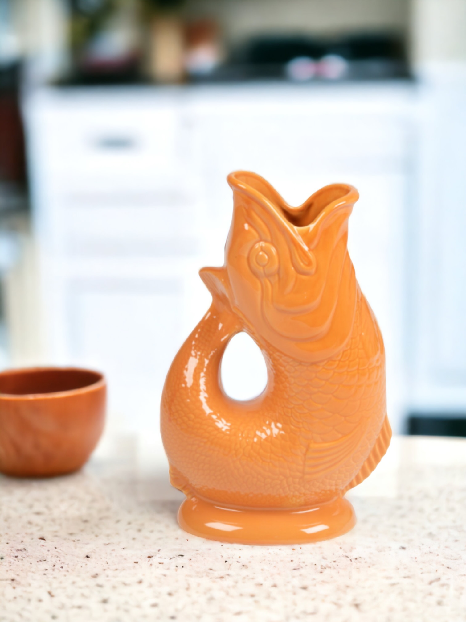 Orange Gluckigluck Karaffe in Fischform, XL Größe, dekorative Keramik Vase für Wasser oder Blumen.