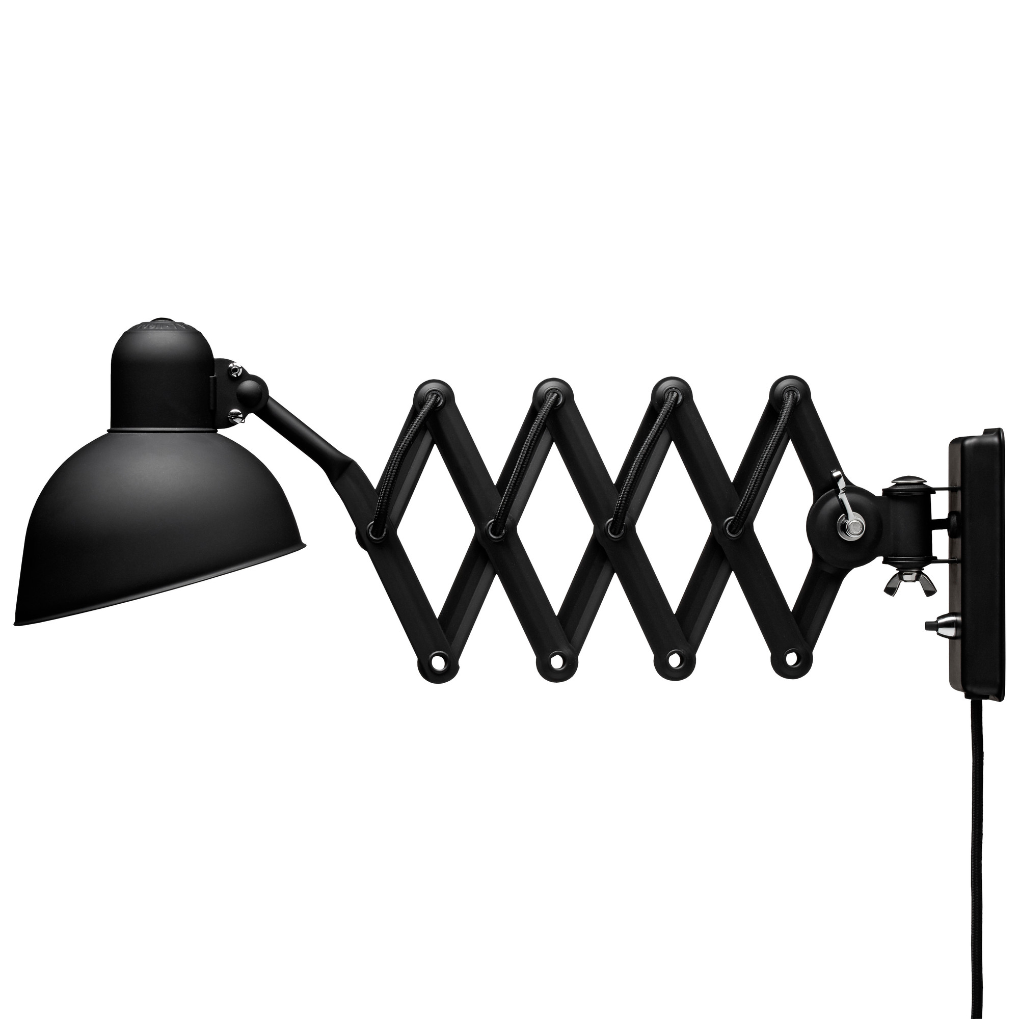 Schwarze 6718 KAISER idell Scherenleuchte von Fritz Hansen mit verstellbarem Arm und Lampenschirm.