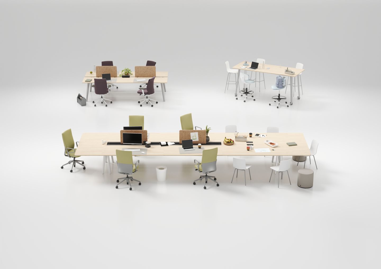 Büroausstattung mit Vitra Rookie High Drehstühlen und modernen Büromöbeln für Coworking und Konferenzräume.