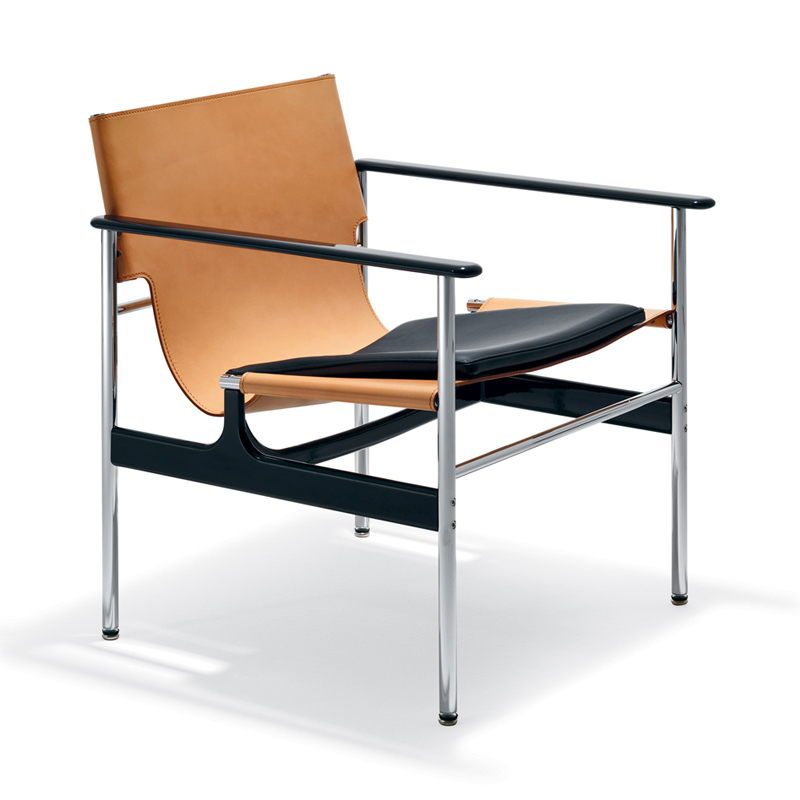 Pollock Sessel von Knoll International mit hellbraunem Leder, schwarzem Sitzkissen und verchromtem Stahlgestell.