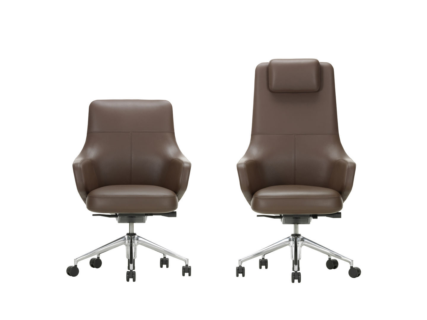 Braune Vitra Konferenzstühle: Grand Executive Lowback und Highback mit Kopfstütze auf Chromfuß.
