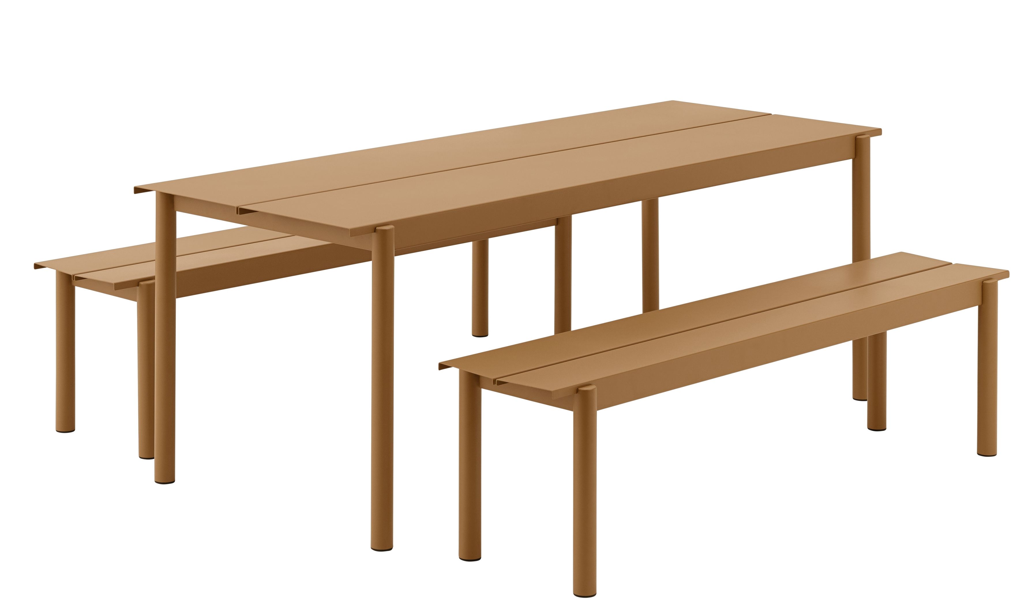 Muuto Linear Steel Outdoor Tischgruppe in Grau, bestehend aus Tisch und zwei Bänken.