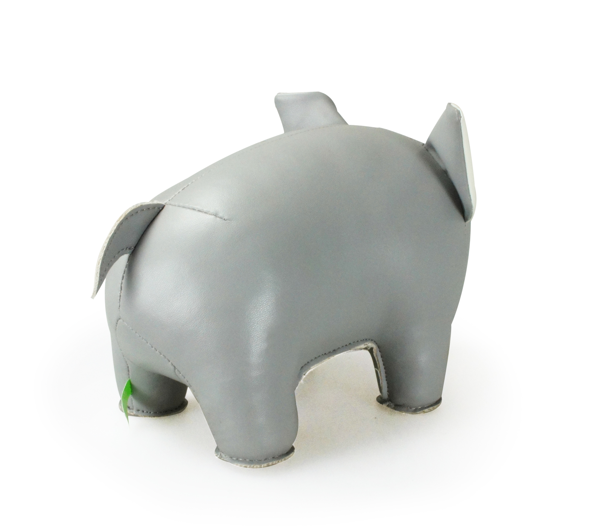 Rückansicht der grauen Züny Schwein Buchstütze. Dekorative Buchstütze für Kinderzimmer und Bücherregal.