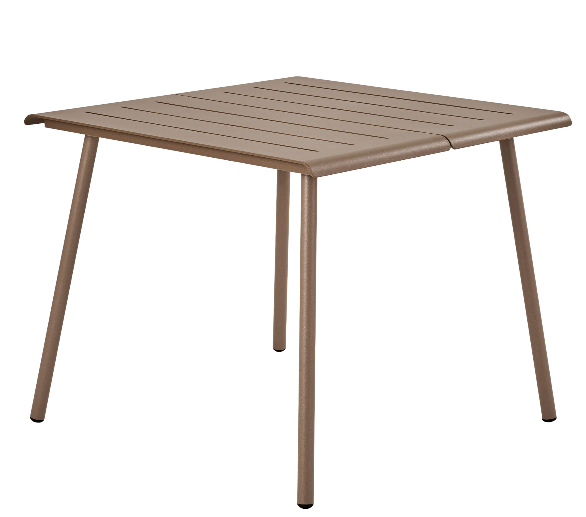 Quadratischer Vapio Tisch von Weishäupl für den Außenbereich, braunes Metall mit schmalen Tischplatten-Streifen.