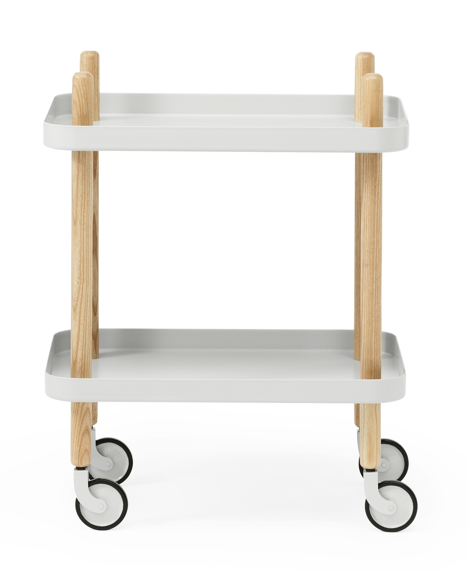 Normann Copenhagen Block Table Servierwagen in Hellgrau mit zwei Ablageflächen und Holzbeinen.
