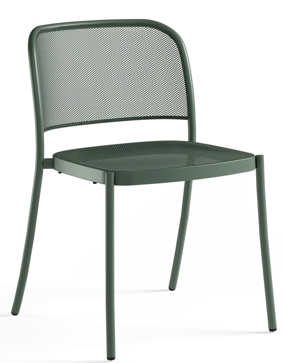 Café Chair Stuhl von Emu für den Außenbereich, grüner Metallstuhl mit Netzstruktur, freigestellt.