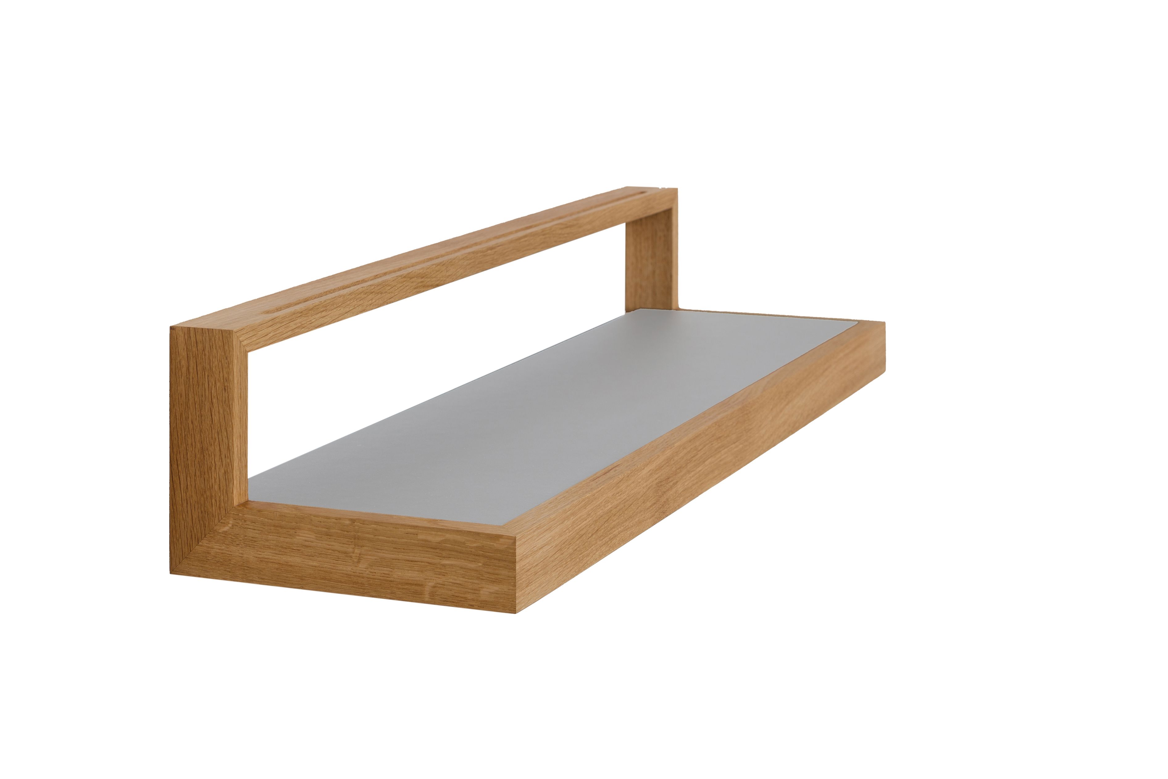 Hellgraues Ablageboard "buck1" mit Holzrahmen, modernes Wandregal für Wohnzimmer und Büro.