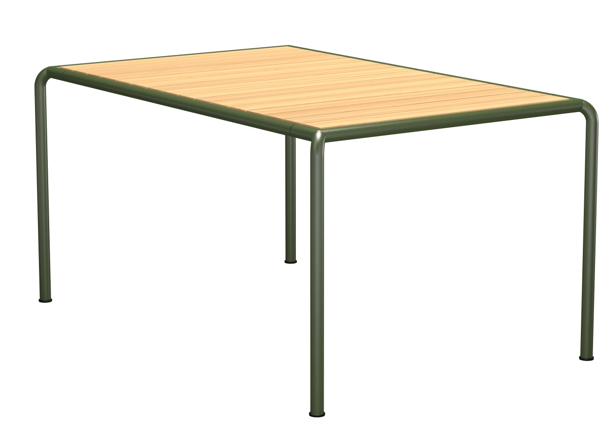 Avanti Esstisch von Houe für den Außenbereich mit Holzlatten und grünem Metallgestell.