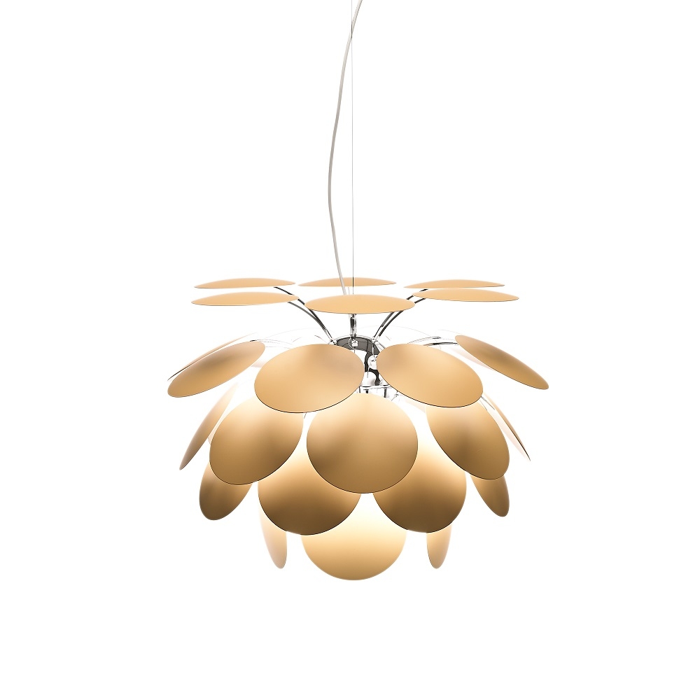 Discocó 88 Pendelleuchte: Moderne LED-Lampe mit beigen Scheiben für stimmungsvolle Beleuchtung.
