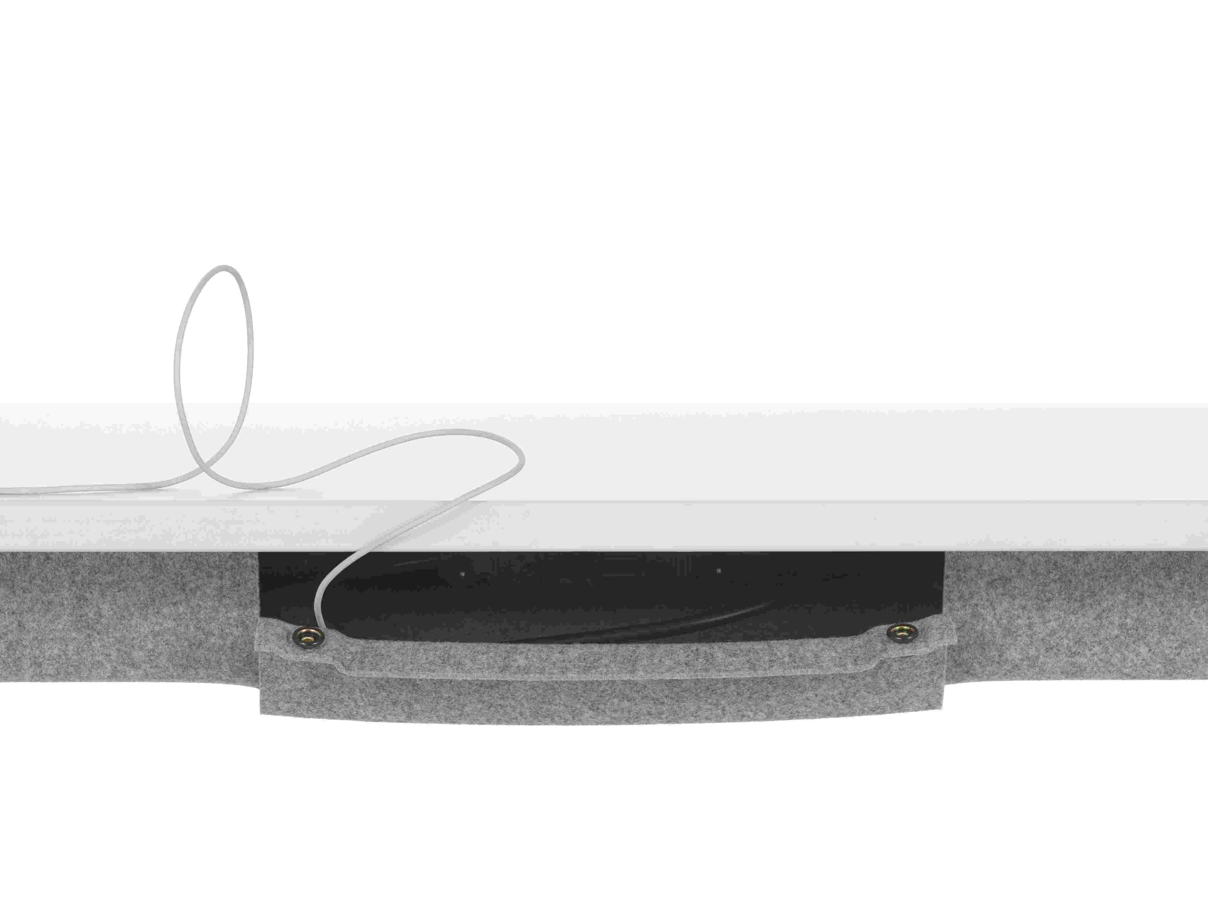 Detailaufnahme des Vitra Tyde Steh-Sitz-Tisches 180 cm mit Kabelkanal und grauer Schallschutzblende.