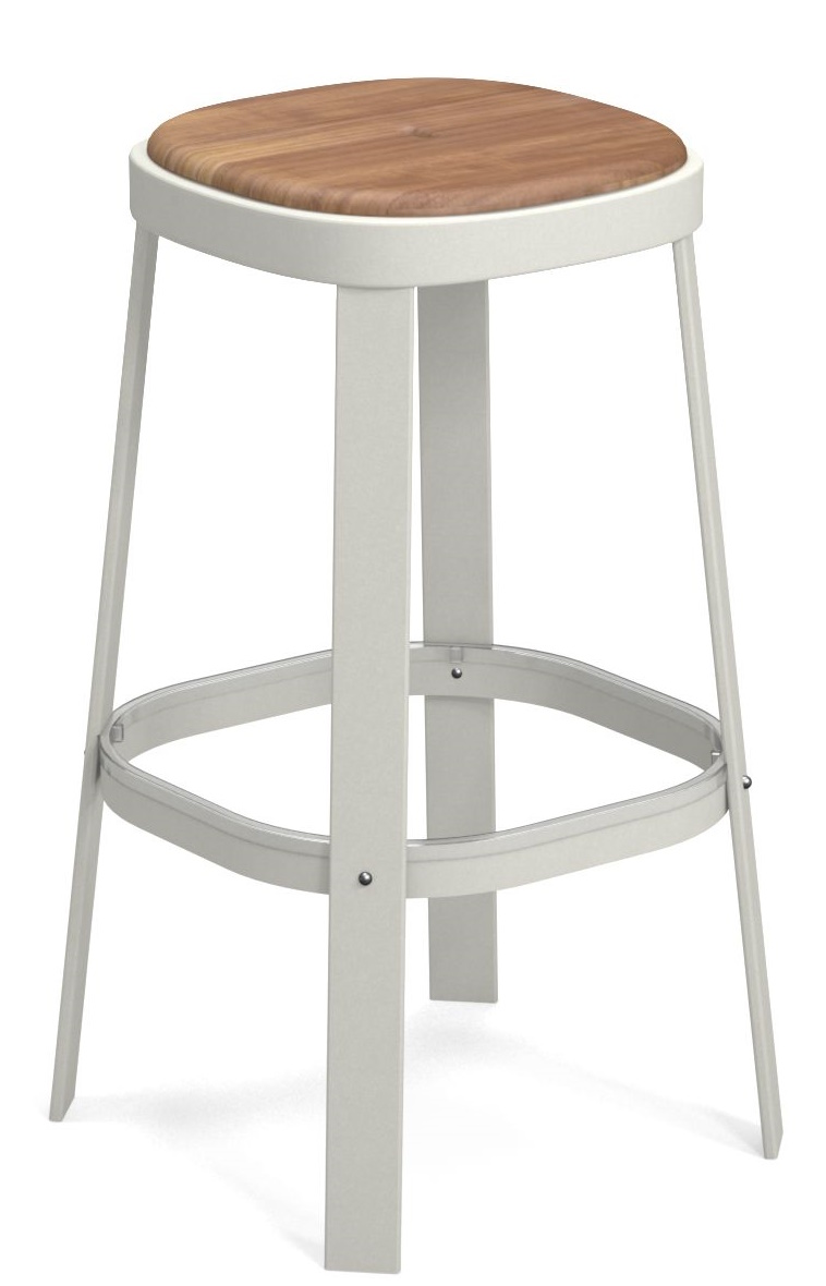 Thor Barstool von Emu, Barhocker für den Außenbereich mit Sitzfläche aus Holz und Metallgestell.